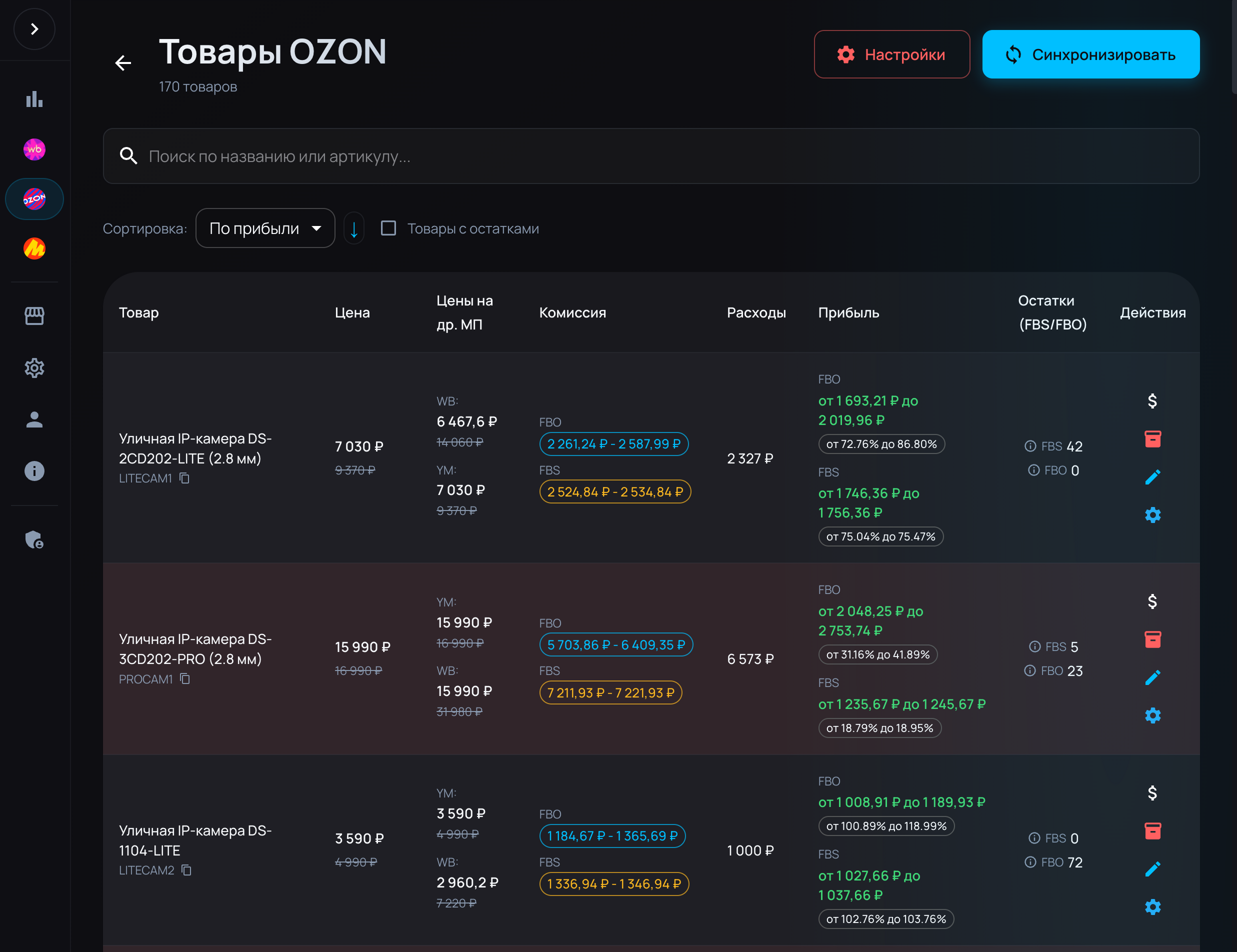 Скриншот панели управления mpprice